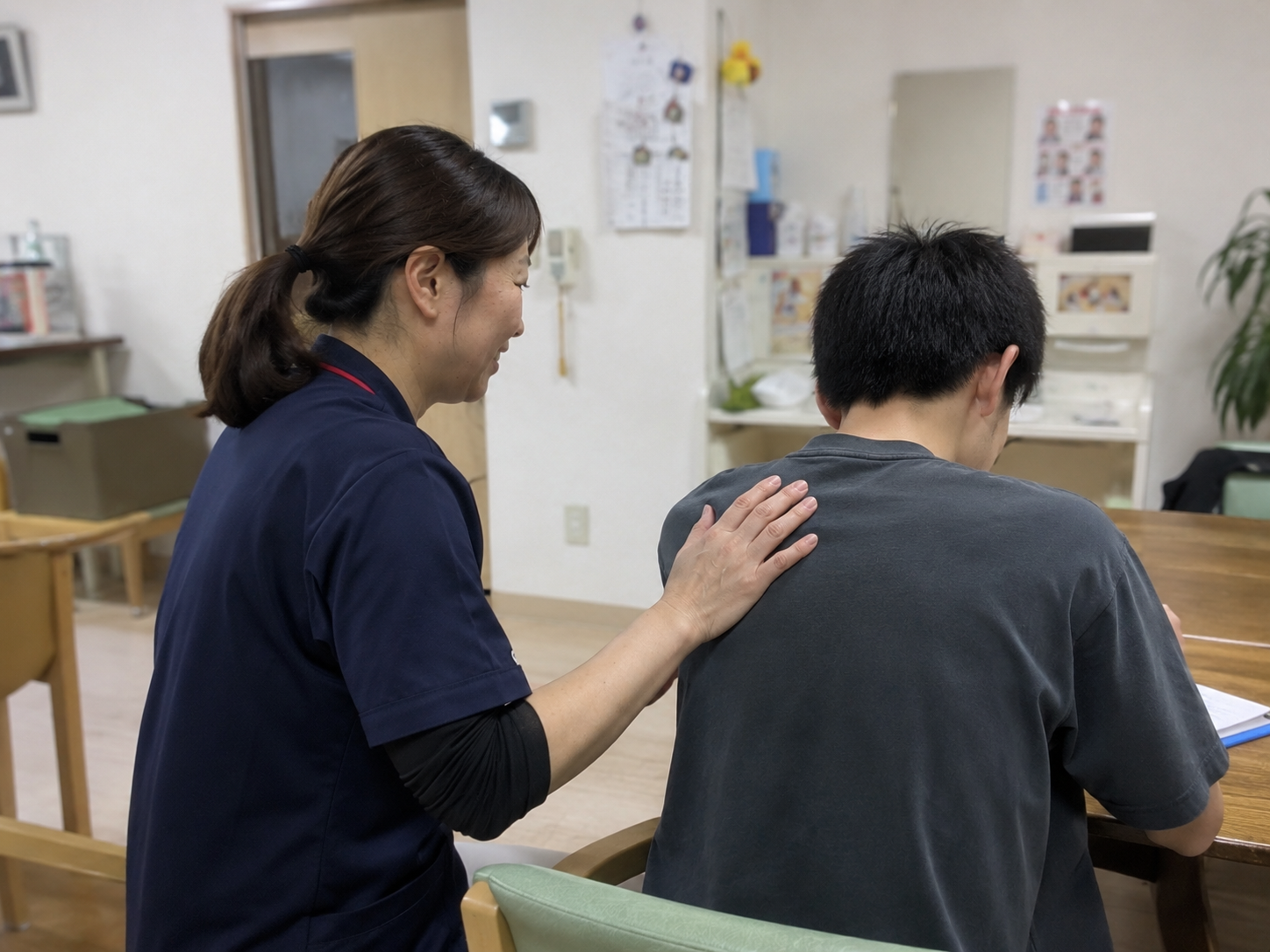 ご利用者の背中に手を添える看護師